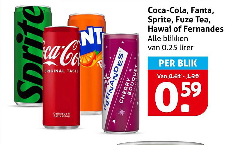 Coca-Cola, Fanta, Sprite, Fuze Tea, Hawai of Fernandes Alle blikken van 0.25 liter PER BLIK