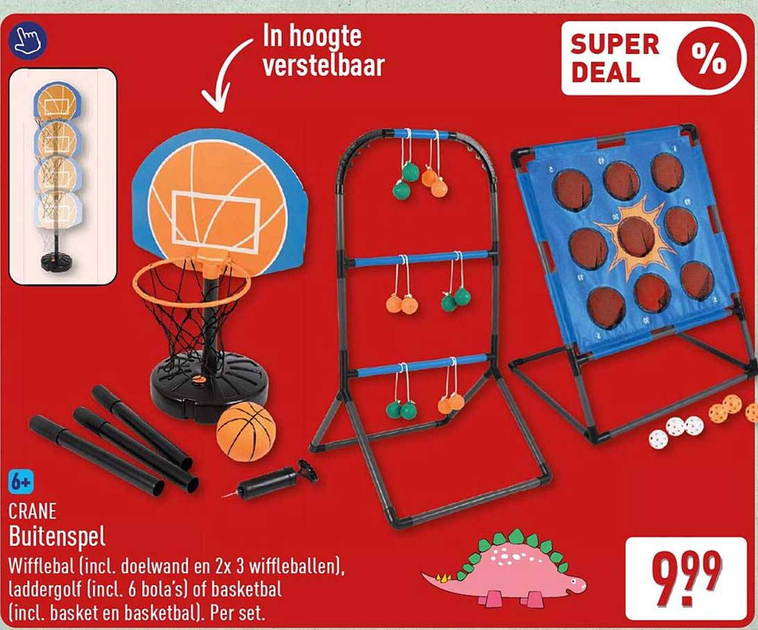 CRANE Buitenspel Wifflebal (incl. doelwand en 2x 3 wiffleballen), laddergolf (incl. 6 bola's) of basketbal (incl. basket en basketbal). Per set.