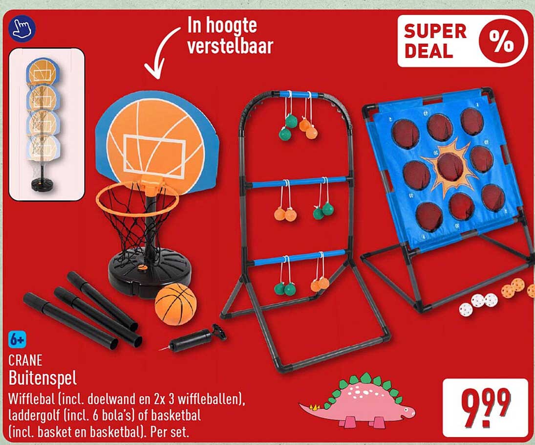 CRANE Buitenspel Wifflebal (incl. doelwand en 2x 3 wiffleballen), laddergolf (incl. 6 bola’s) of basketball (incl. basket en basketbal). Per set.