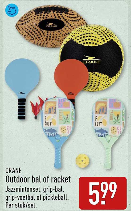 CRANE Outdoor bal of racket Jazzmintonset, grip-bal, grip-voetbal of pickleball. Per stuk/set.