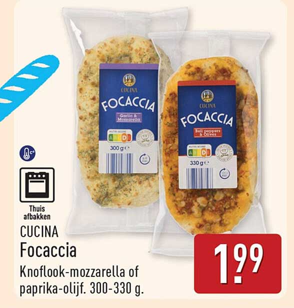 CUCINA Focaccia Knoflook-mozzarella of paprika-olijf. 300-330 g.