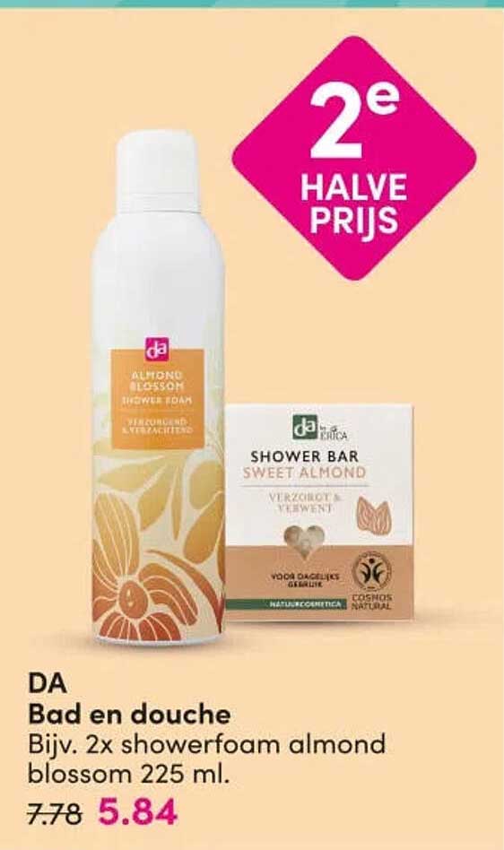 DA Bad en douche Bijv. 2x showerfoam almond blossom 225 ml. 2e halve prijs