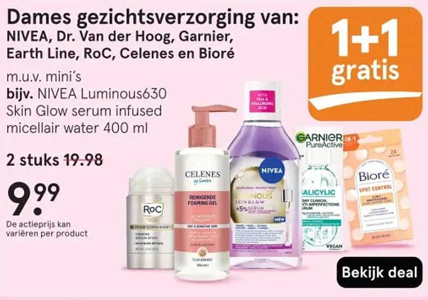 Dames gezichtsverzorging van: NIVEA, Dr. Van der Hoog, Garnier, Earth Line, RoC, Celenes en Bioré 1+1 gratis