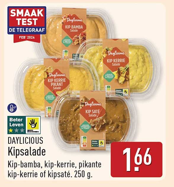 DAYLICIOUS Kipsalade Kip-bamba, kip-kerrie, pikante kip-kerrie of kipsaté. 250 g.