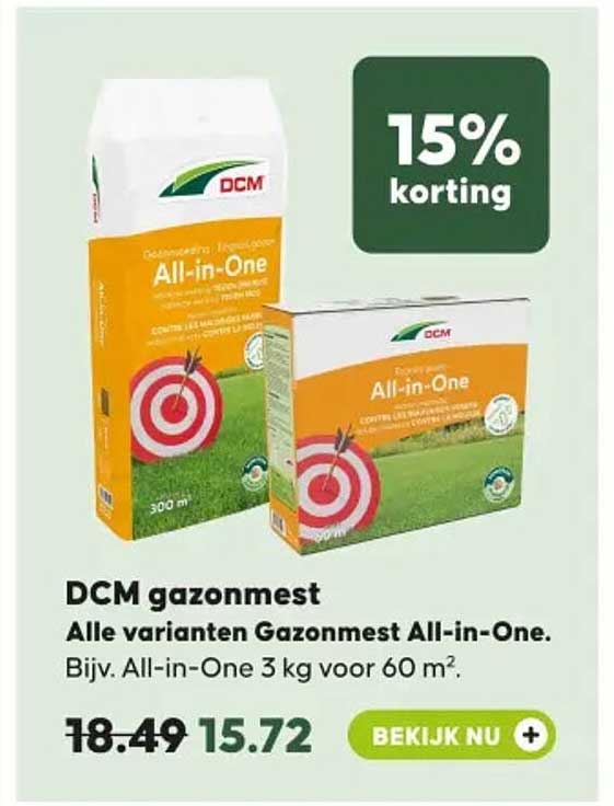 DCM gazonmest Alle varianten Gazonmest All-in-One. Bijv. All-in-One 3 kg voor 60 m². 15% korting