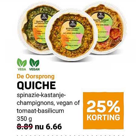 De Oorsprong QUICHE spinazie-kastanje-champignons, vegan of tomaat-basilicum 350 g 25% KORTING