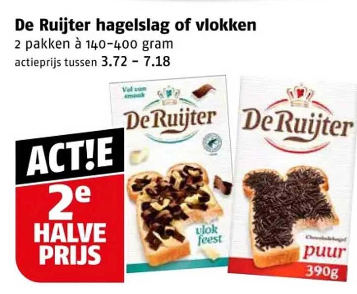 De Ruijter hagelslag of vlokken 2 pakken à 140-400 gram 2e halve prijs