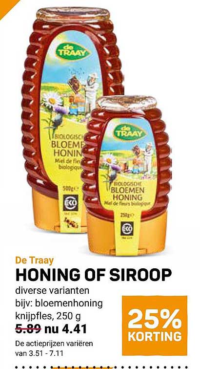 De Traay HONING OF SIROOP diverse varianten bijv: bloemenhoning knijp fles, 250 g 25% KORTING