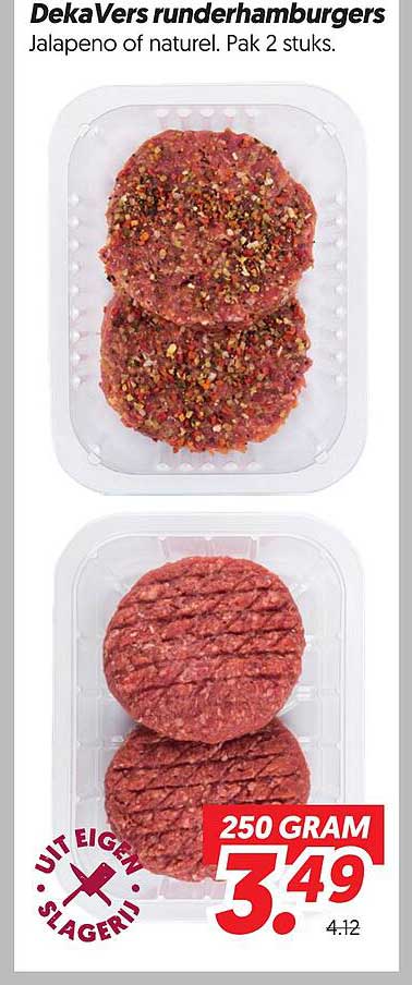 DekaVers runderhamburgers Jalapeno of naturel. Pak 2 stuks.