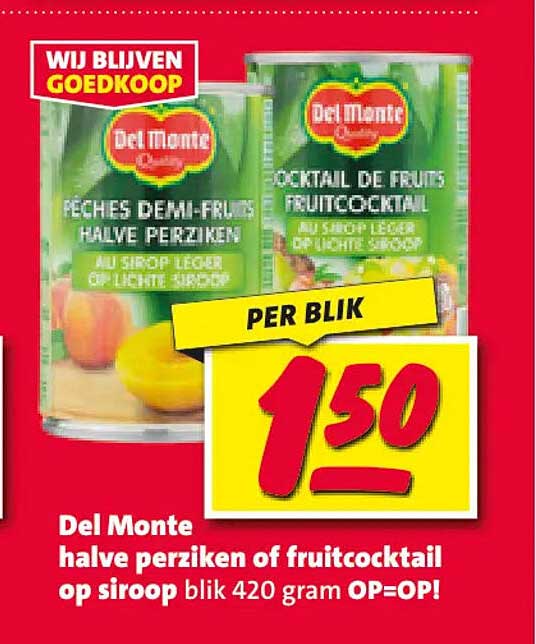 Del Monte halve perziken of fruitcocktail op siroop blik 420 gram OP=OP!