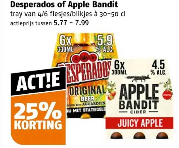 Desperados of Apple Bandit tray van 4/6 flesjes/blikjes à 30-50 cl 25% KORTING