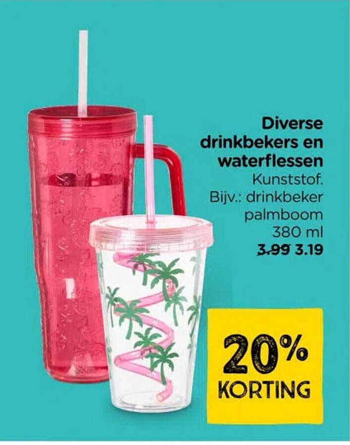 Diverse drinkbekers en waterflessen Kunststof. Bijv.: drinkbeker palmboom 380 ml 20% KORTING