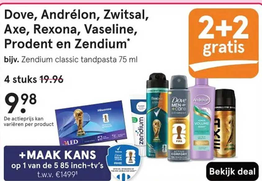 Dove, Andrélon, Zwitsal, Axe, Rexona, Vaseline, Prodent en Zendium 2+2 gratis
