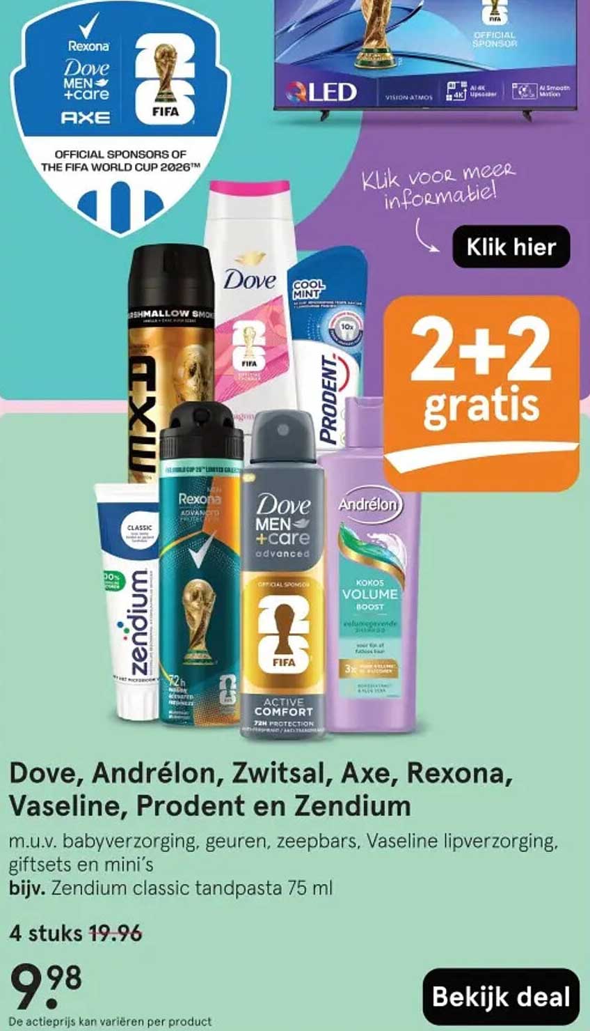 Dove, Andrélon, Zwitsal, Axe, Rexona, Vaseline, Prodent en Zendium 2+2 gratis