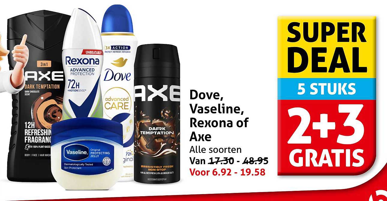 Dove, Vaseline, Rexona of Axe Alle soorten 5 STUKS 2+3 GRATIS
