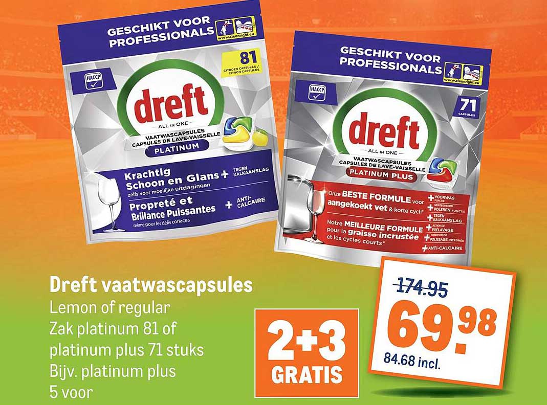 Dreft vaatwascapsules Lemon of regular Zak platinum 81 of platinum plus 71 stuks Bijv. platinum plus 5 voor 2+3 GRATIS