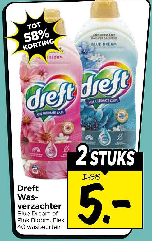 Dreft Wasverzachter Blue Dream of Pink Bloom. Fles 40 wasbeurten 2 stuks