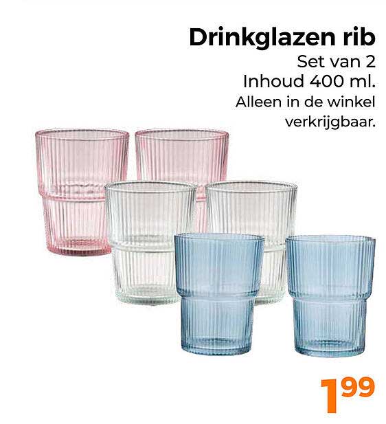 Drinkglazen rib Set van 2 Inhoud 400 ml. Alleen in de winkel verkrijgbaar.