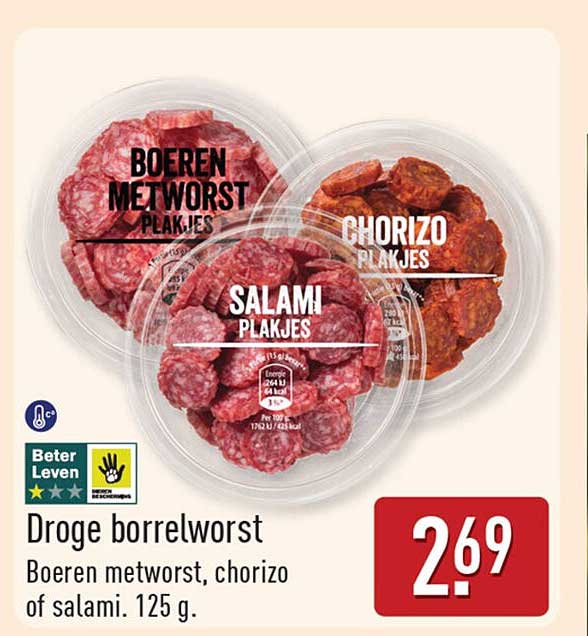 Droge borrelworst Boeren metworst, chorizo of salami. 125 g.
