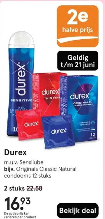 Durex m.u.v. Sensilube bijv. Originals Classic Natural condoms 12 stuks 2e halve prijs