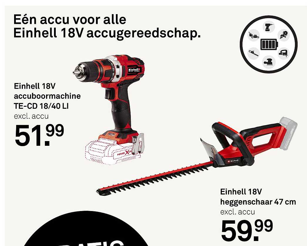 Één accu voor alle Einhell 18V accugereedschap.