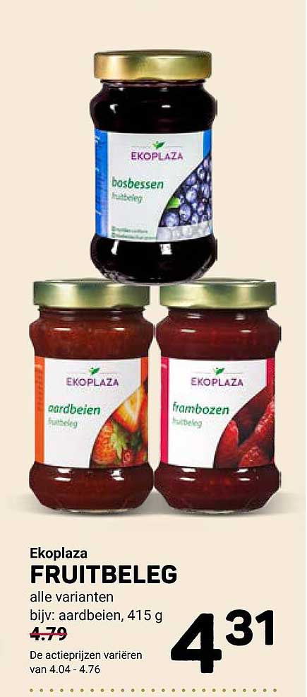 Ekoplaza FRUITBELEG alle varianten bijv.: aardbeien, 415 g