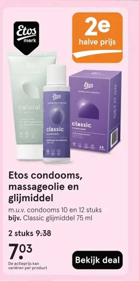 Etos condooms, massageolie en glijmiddel 2e halve prijs