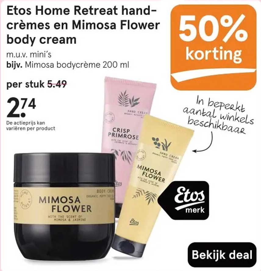 Etos Home Retreat handcrèmes en Mimosa Flower body cream 50% korting