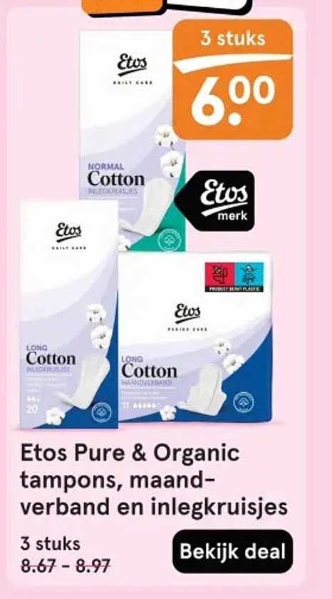 Etos Pure & Organic tampons, maandverband en inlegkruisjes