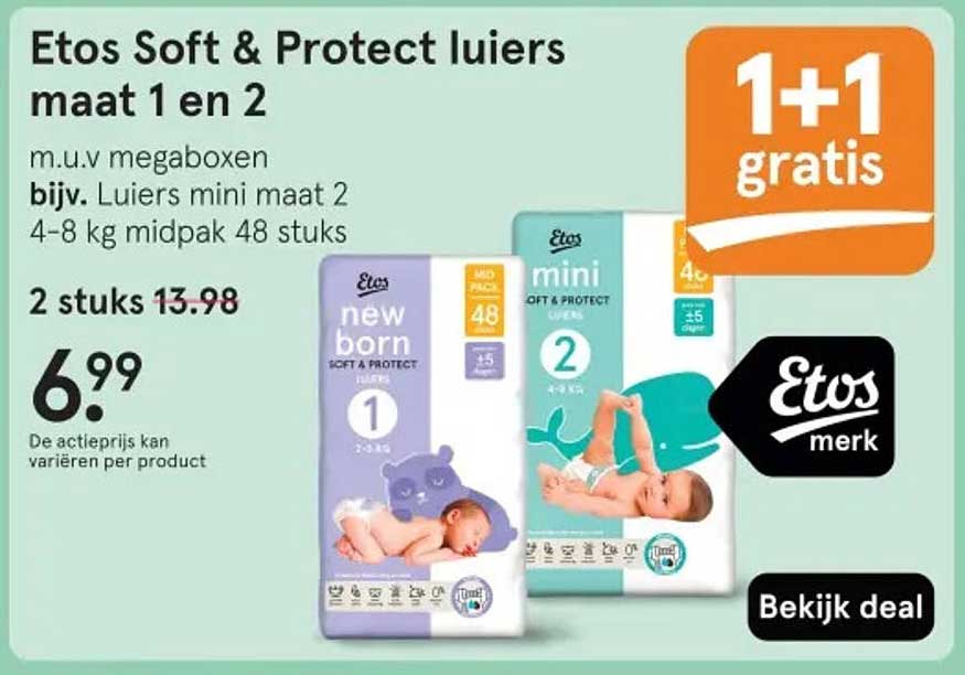 Etos Soft & Protect luiers maat 1 en 2 1+1 gratis