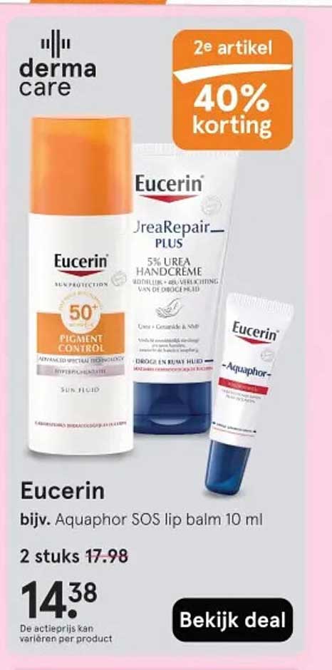 Eucerin bijv. Aquaphor SOS lip balm 10 ml 2e artikel 40% korting