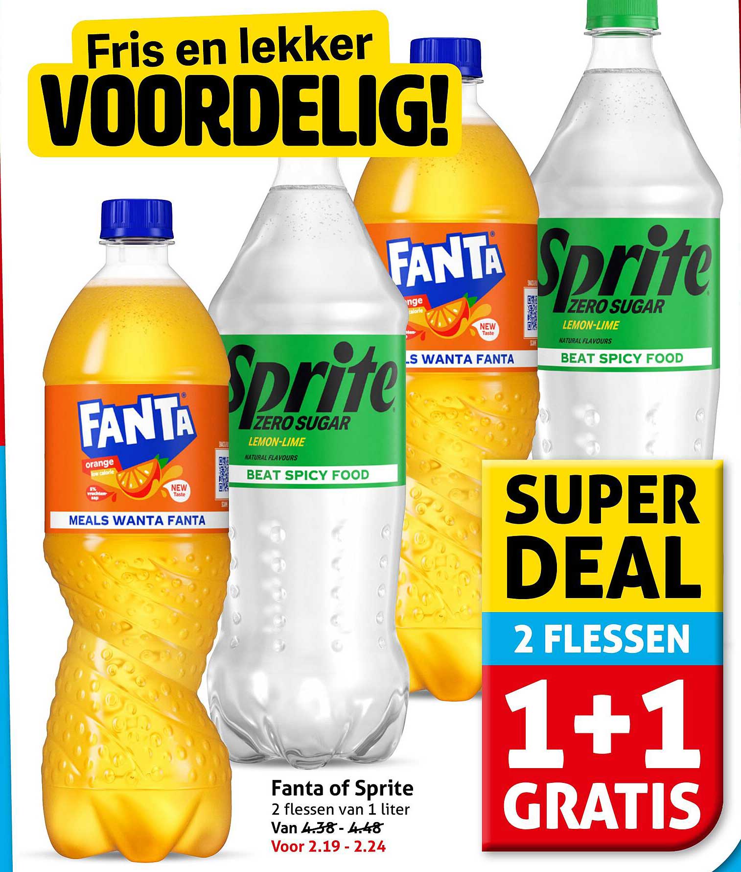 Fanta of Sprite 2 flessen van 1 liter 1+1 gratis