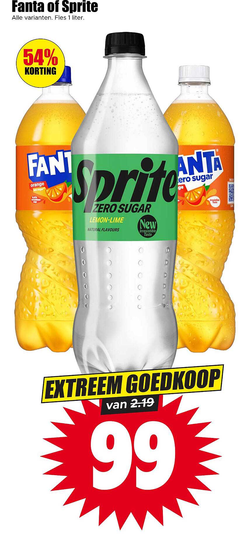 Fanta of Sprite Alle varianten. Fles 1 liter. EXTREEM GOEDKOOP
