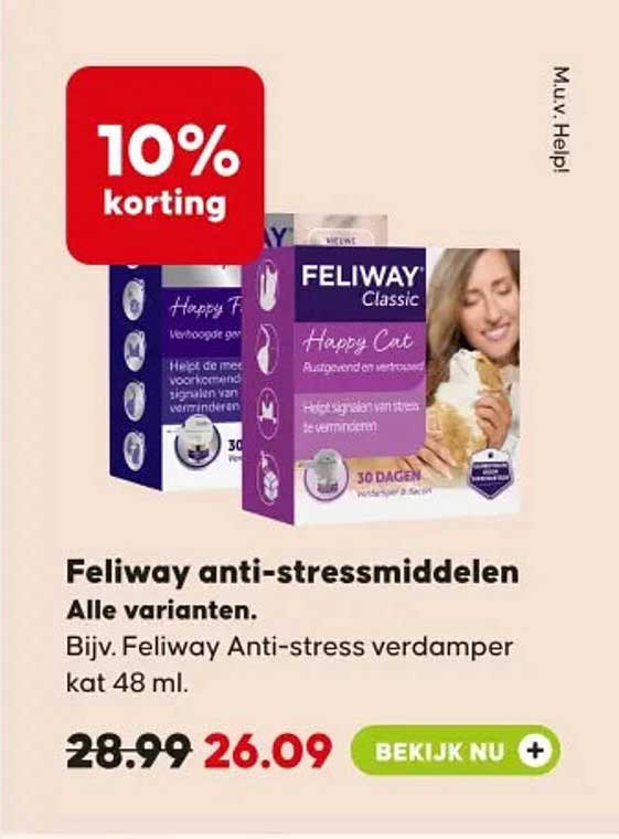 Feliway anti-stressmiddelen Alle varianten. Bijv. Feliway Anti-stress verdamper kat 48 ml. 10% korting