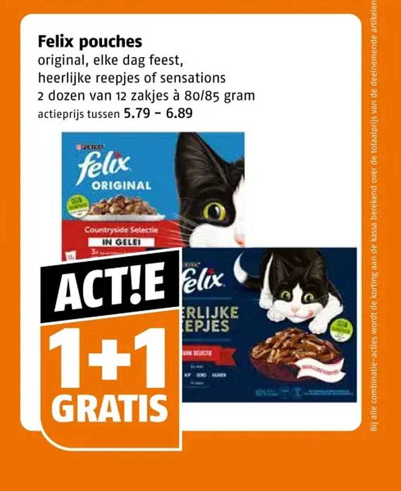 Felix pouches original, elke dag feest, heerlijke reepjes of sensations 2 dozen van 12 zakjes à 80/85 gram 1+1 GRATIS