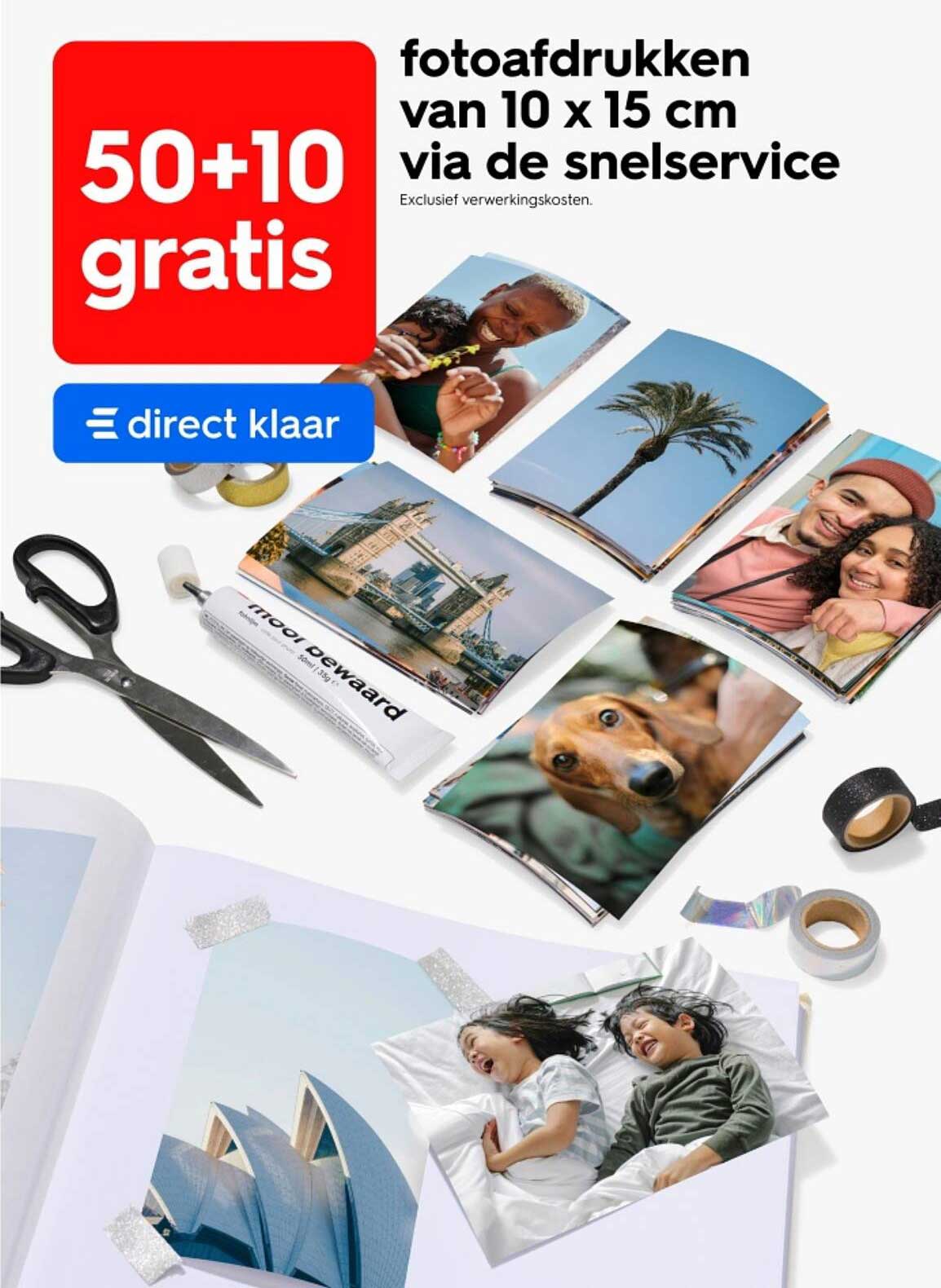 fotoafdrukken van 10 x 15 cm via de sneldservice 50+10 gratis