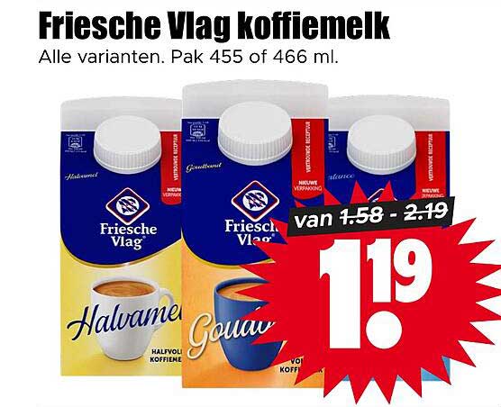 Friesche Vlag koffiemelk Alle varianten. Pak 455 of 466 ml.
