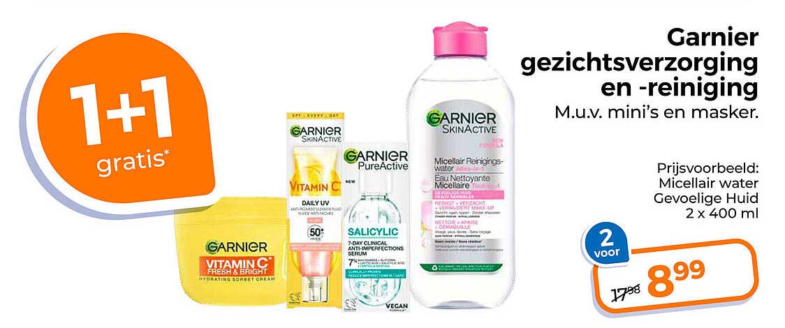 Garnier gezichtsverzorging en reiniging 1+1 gratis