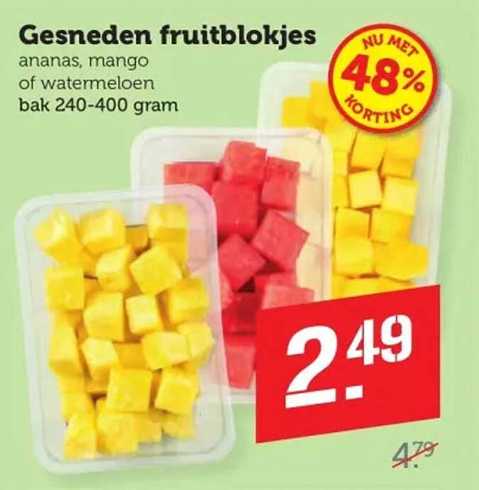 Gesneden fruitblokjes ananas, mango of watermeloen bak 240-400 gram