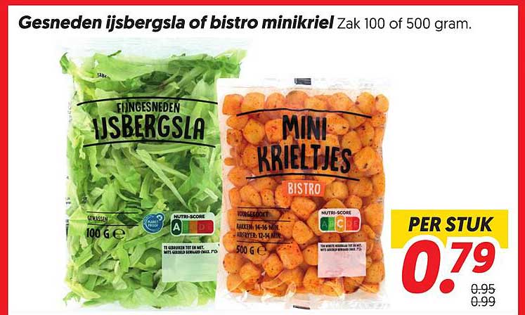 Gesneden ijsbergsla of bistro minikrieltjes Zak 100 of 500 gram