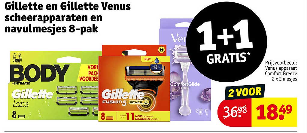 Gillette en Gillette Venus scheerapparaten en navulmesjes 8-pak 1+1 gratis