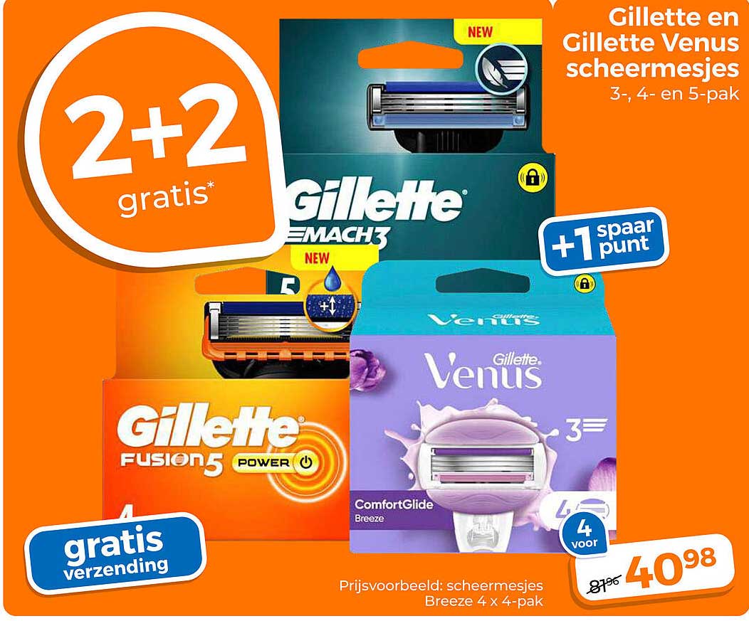 Gillette en Gillette Venus scheermesjes 3-, 4- en 5-pak 2+2 gratis