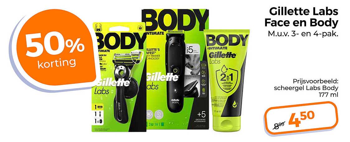 Gillette Labs Face en Body M.u.v. 3- en 4-pak. 50% korting