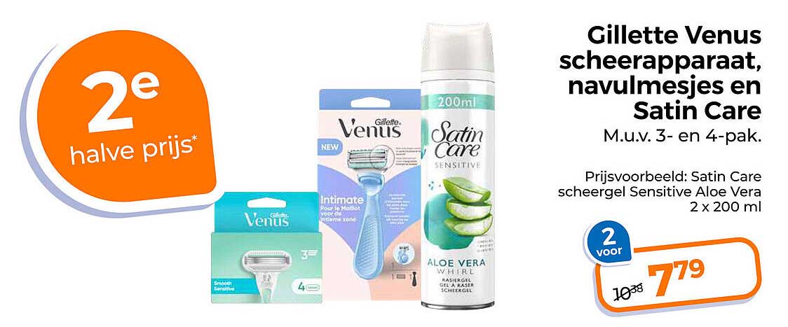 Gillette Venus scheerapparaat, navulmesjes en Satin Care 2e halve prijs