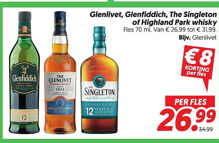 Glenlivet, Glenfiddich, The Singleton of Highland Park whisky