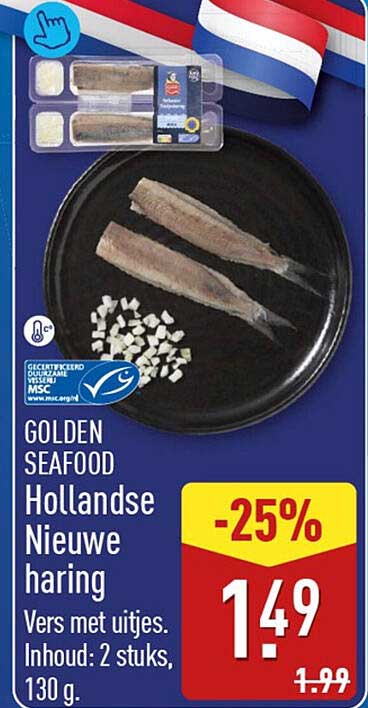 GOLDEN SEAFOOD Hollandse Nieuwe haring Vers met uitjes. Inhoud: 2 stuks, 130 g.