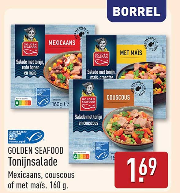 GOLDEN SEAFOOD Tonijnsalade Mexicaans, couscous of met maïs. 160 g.