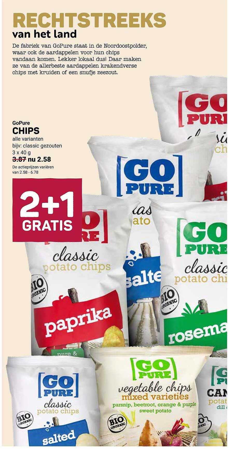 GoPure CHIPS alle varianten bijv: classic gezouten 3 x 40 g 2+1 GRATIS