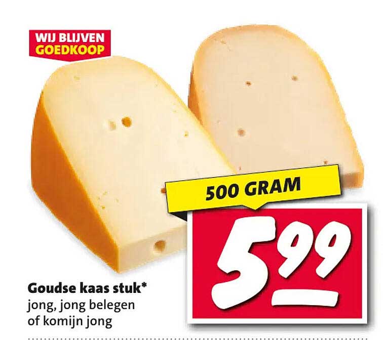 Goudse kaas stuk* jong, jong belegen of komijn jong 500 gram
