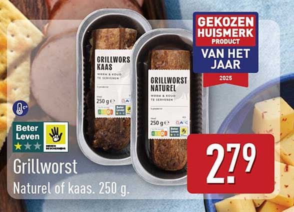 Grillworst Naturel of kaas, 250 g.